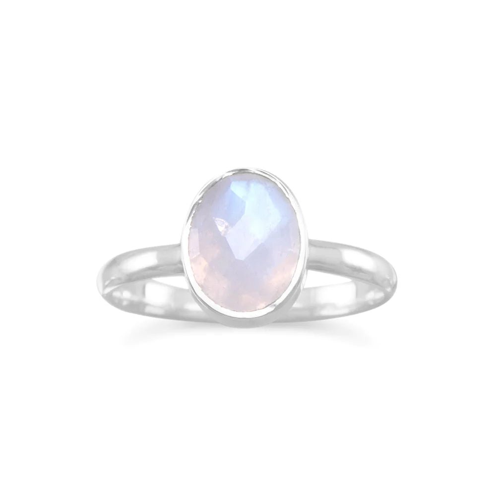 Sterling Silver Faceted Rainbow Moonstone Ring, Oval Cut 7x9mm