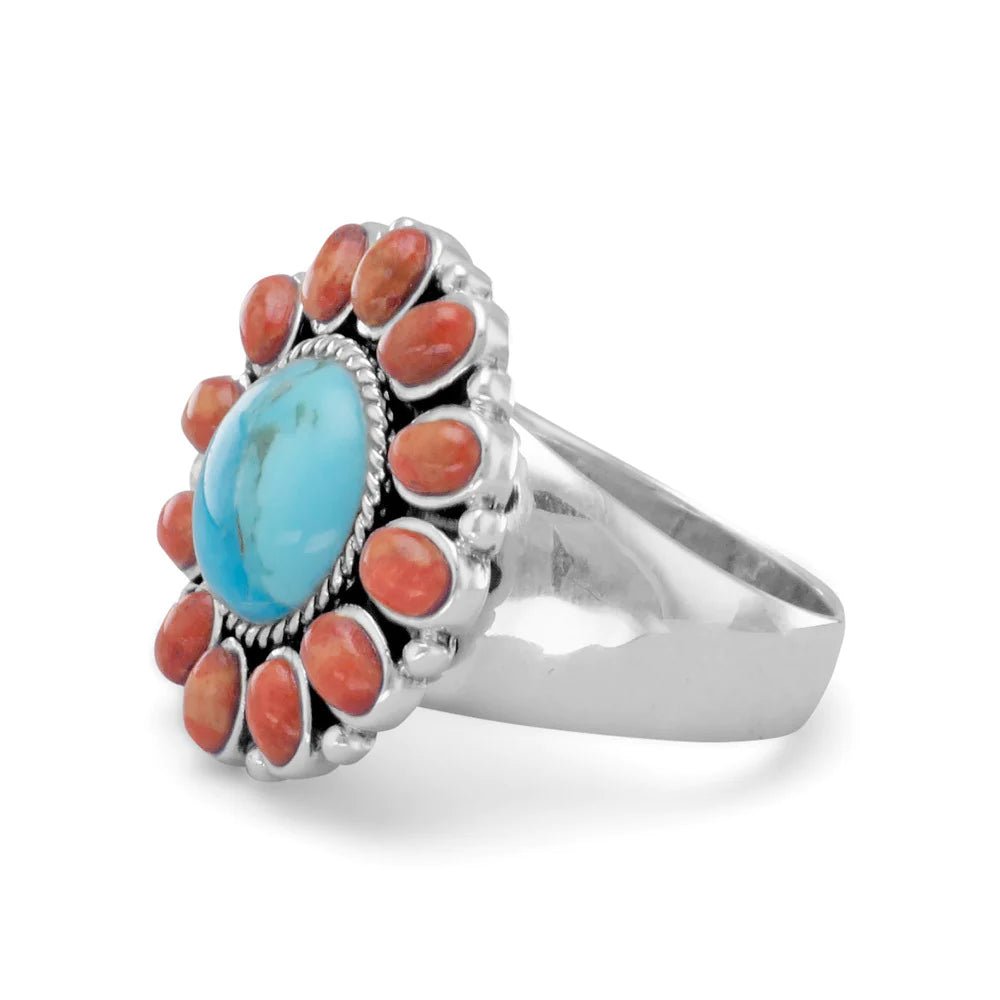 Sterling Silver Reconstituted Turquoise and Coral Sunburst Ring, 22mm Design with 10mm Center Stone, Oxidized Finish