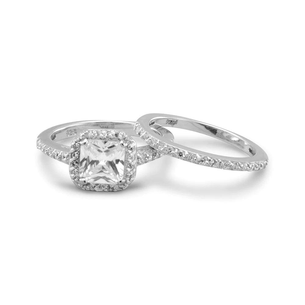 Sterling Silver Rhodium Plated Wedding Ring Set, Square CZ Solitaire Engagement Ring with Band, 7mm Center Stone, Sizes 4-11