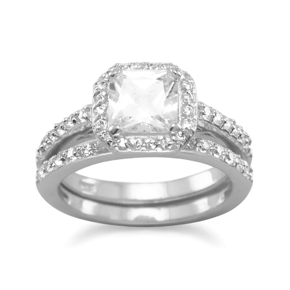 Sterling Silver Rhodium Plated Wedding Ring Set, Square CZ Solitaire Engagement Ring with Band, 7mm Center Stone, Sizes 4-11