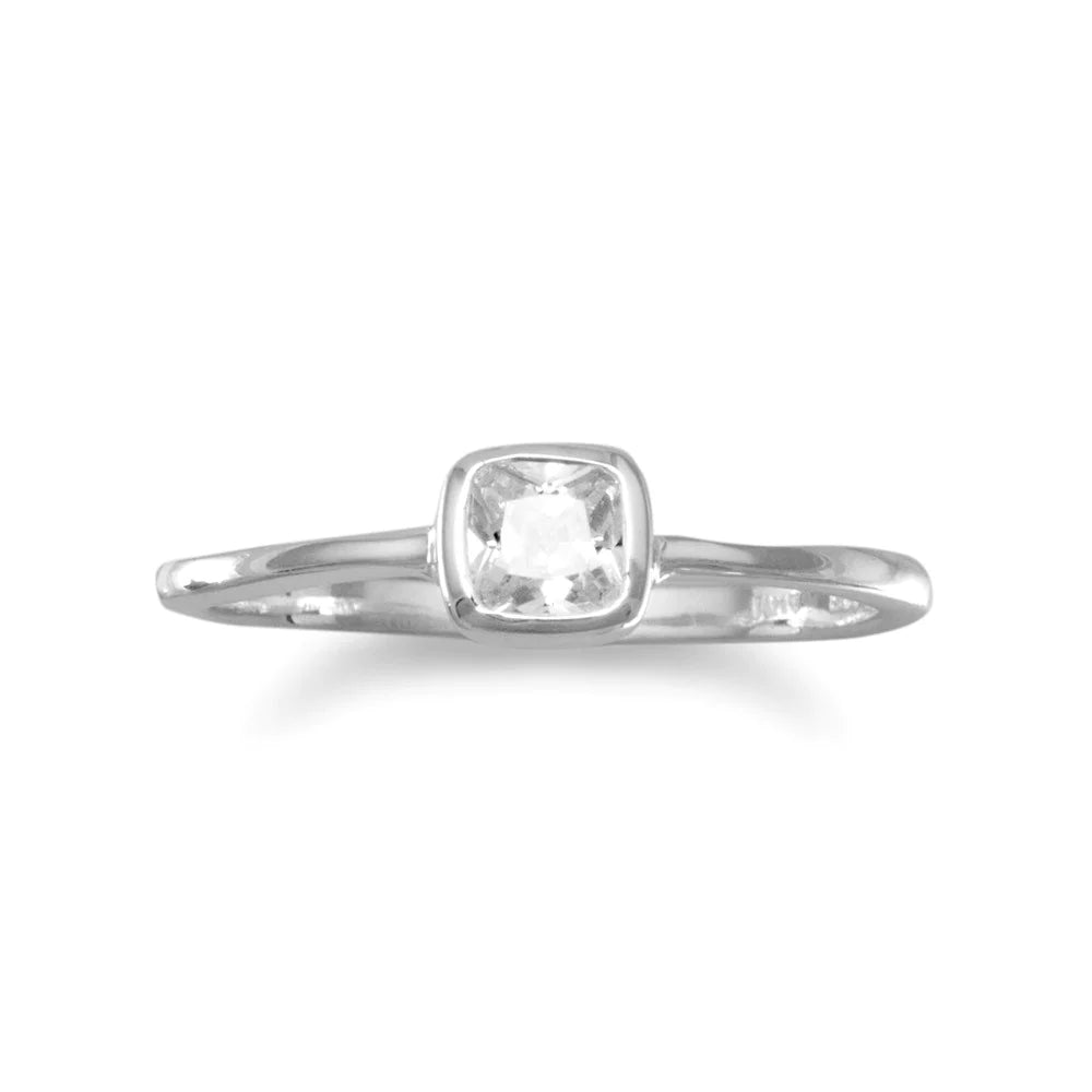 Sterling Silver Square Solitaire Ring with Clear CZ, 3.5mm Center Stone, Size 4-9