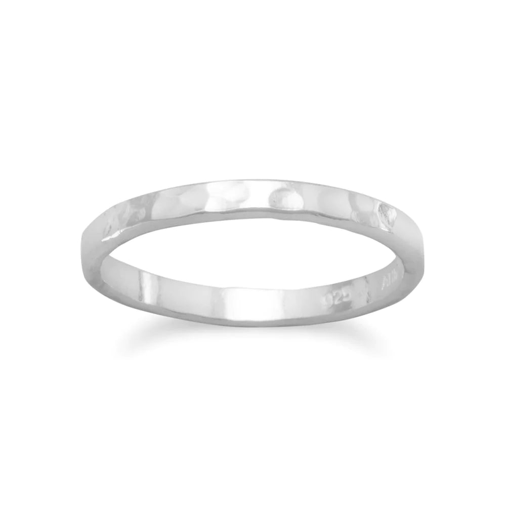 Sterling Silver Hammered Midi Band Ring, Polished Thin Design, 1.7mm Width