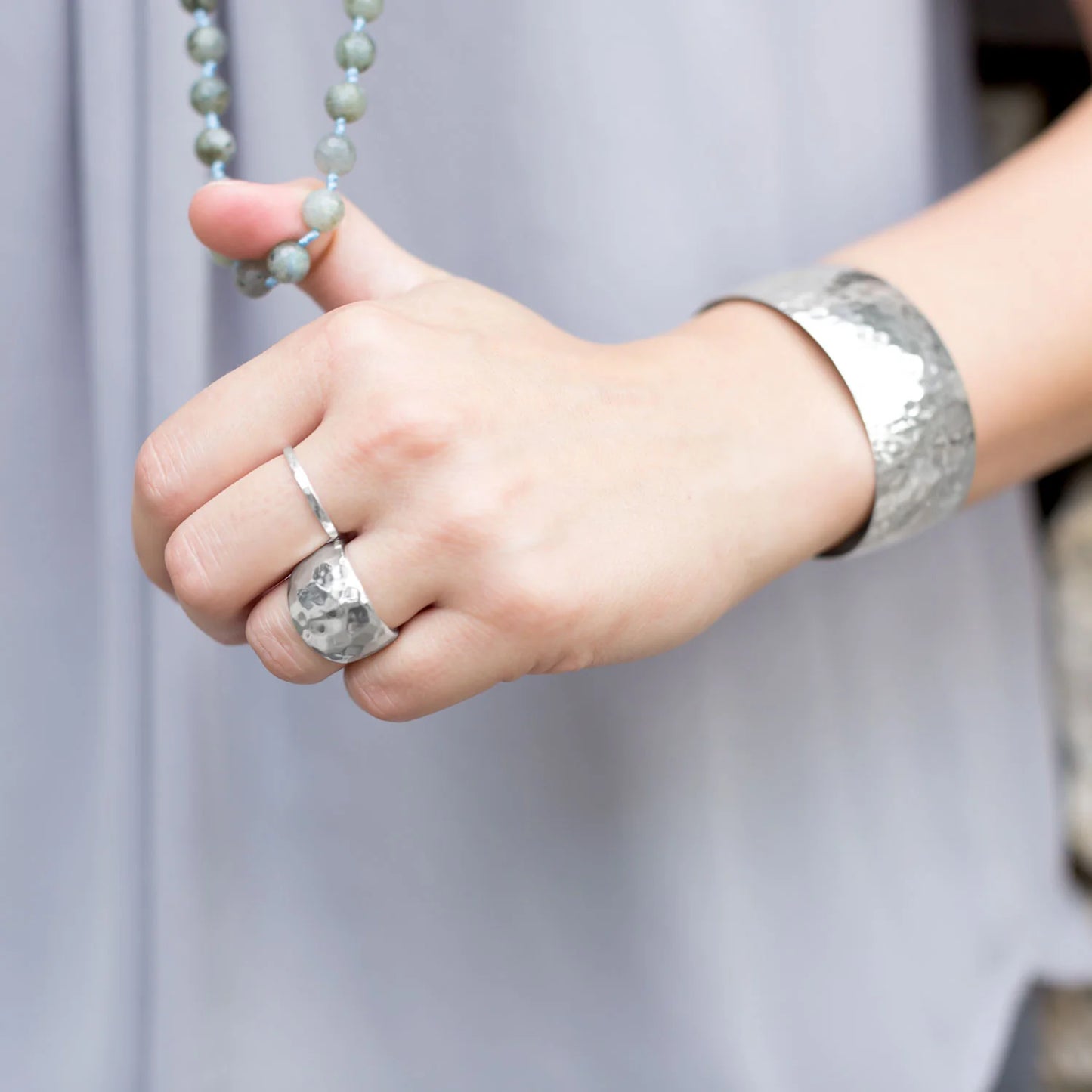 Sterling Silver Hammered Band Ring, Polished Thin Design, 1.7mm Width