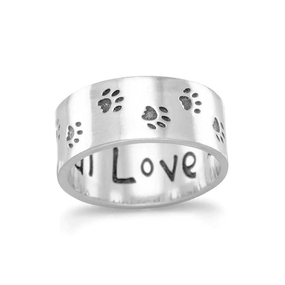 Sterling Silver Oxidized Paw Print Ring, 7mm Band Width, Unconditional Love Engraved