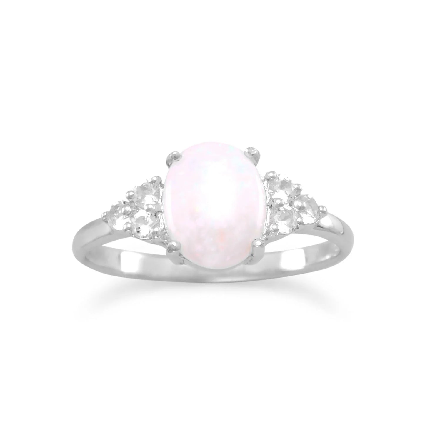 Sterling Silver Australian Opal Ring with White Topaz, Rhodium Plated, 7x9mm Oval Stone, 1.5mm Band