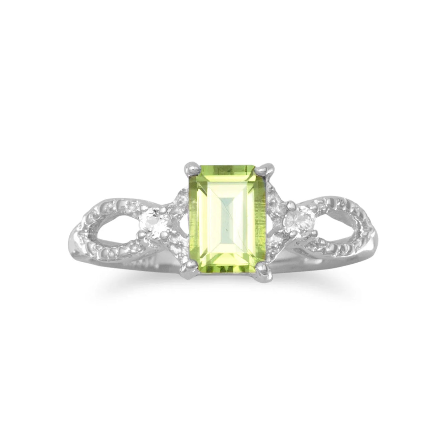 Sterling Silver Rhodium Plated Ring with Peridot, White Topaz Accents, 4x6mm Center Stone, Cut Out Marquise Design