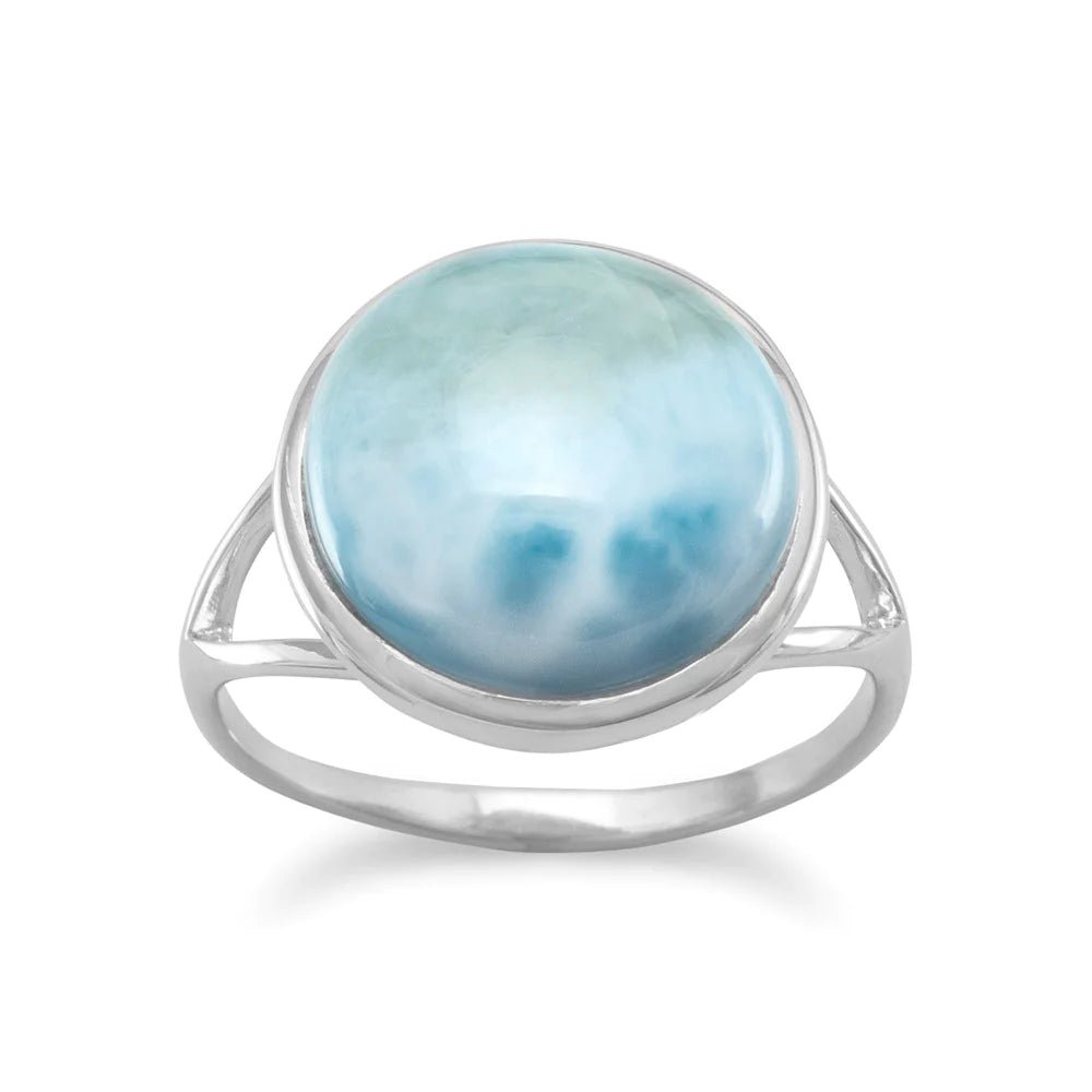 Sterling Silver Round Larimar Ring, Rhodium Plated, 12mm Split Band Design, 1.5mm Base Width