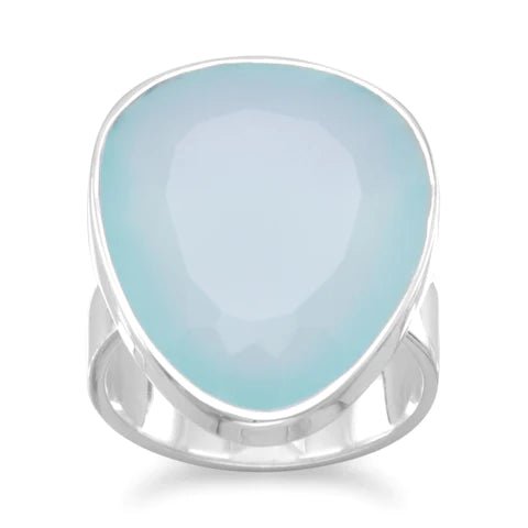 Sterling Silver Freeform Ring with Sea Green Chalcedony, 18mm Stone, 3mm Band, Sizes 6-11