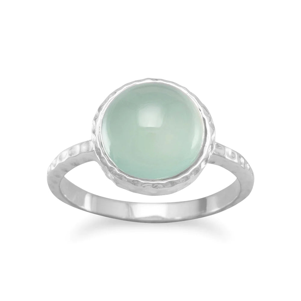 Sterling Silver Sea Green Chalcedony Ring, 10mm Cabochon Stone, Textured Band, .925 Silver
