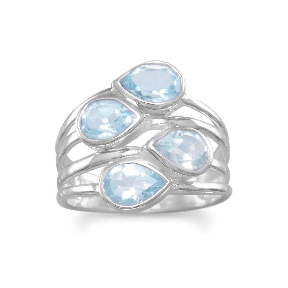 Sterling Silver Pear Blue Topaz Multi Row Ring, 17mm Front Width, Four 5.5x8mm Stones