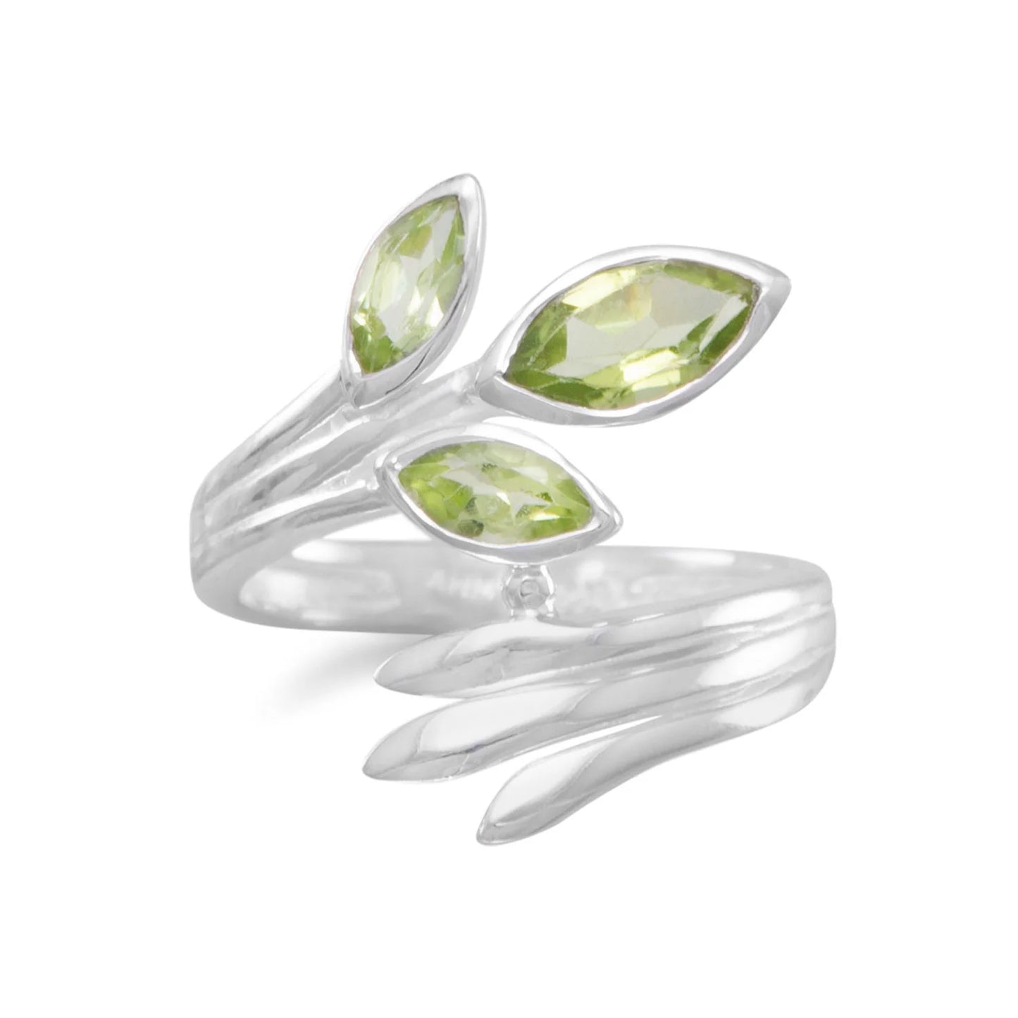 Sterling Silver Marquise Peridot Fan Design Wrap Ring, 3-Stone, 30mm Wide, .925 Silver