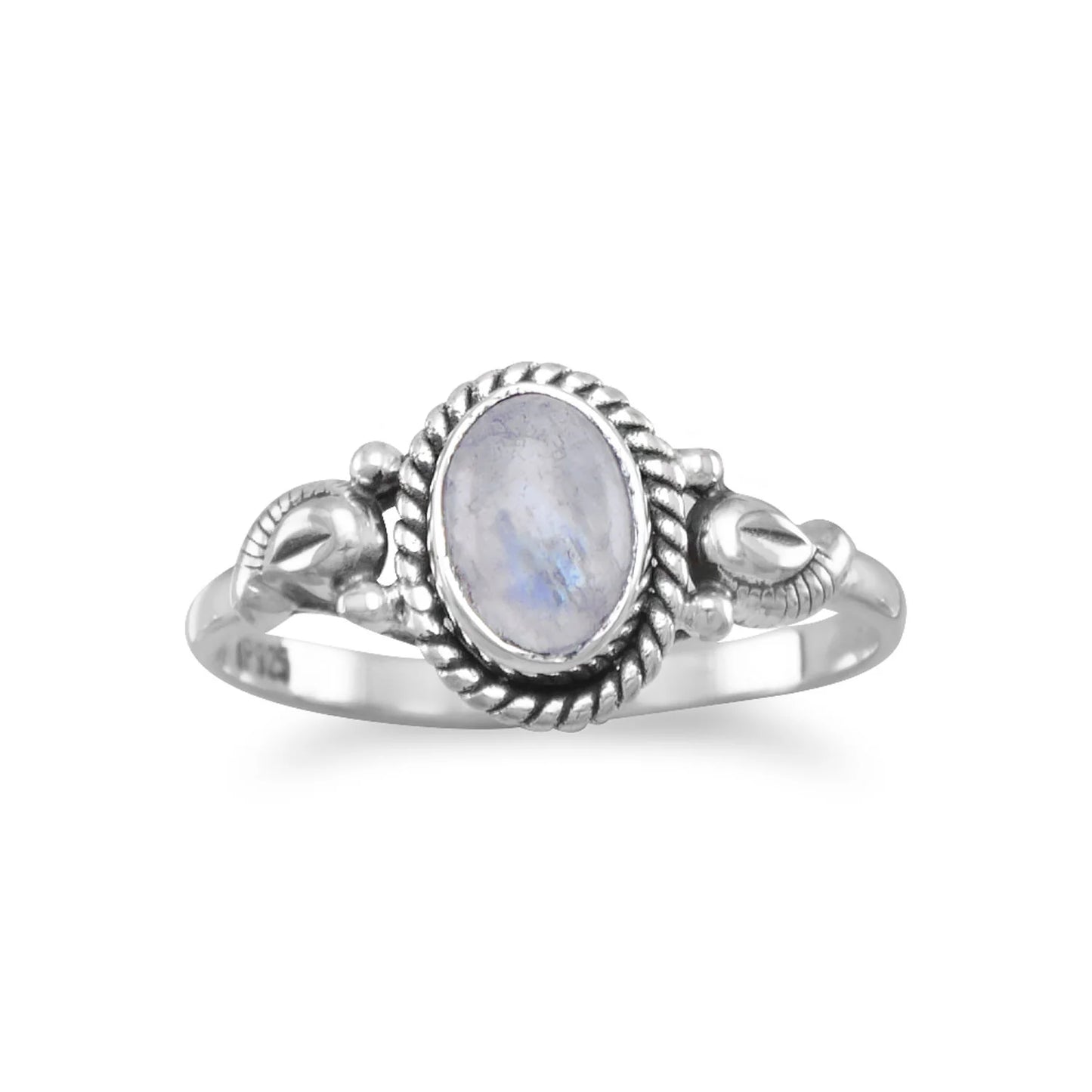 Sterling Silver Rainbow Moonstone Ring, 5x7mm Stone, Oxidized Rope Edge Design, 1.5mm Band