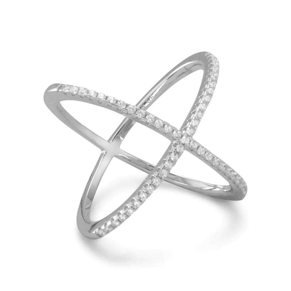 Rhodium Plated Criss Cross 'X' CZ Ring