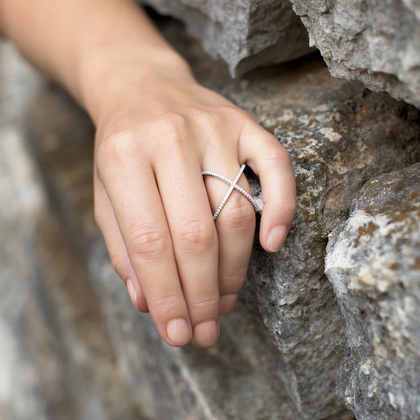 Rhodium Plated Criss Cross 'X' CZ Ring