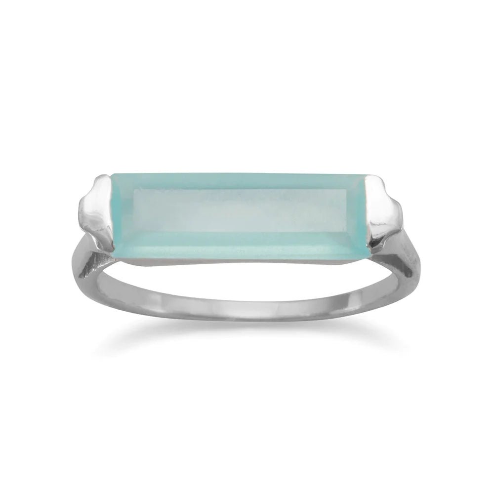Sterling Silver Rhodium Plated Green Chalcedony Bar Ring, 5x14mm Stone, 1.5mm Band