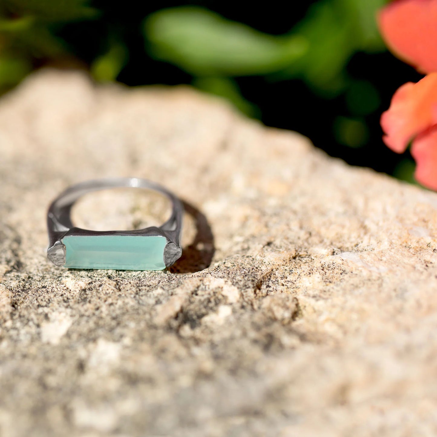Sterling Silver Rhodium Plated Green Chalcedony Bar Ring, 5x14mm Stone, 1.5mm Band