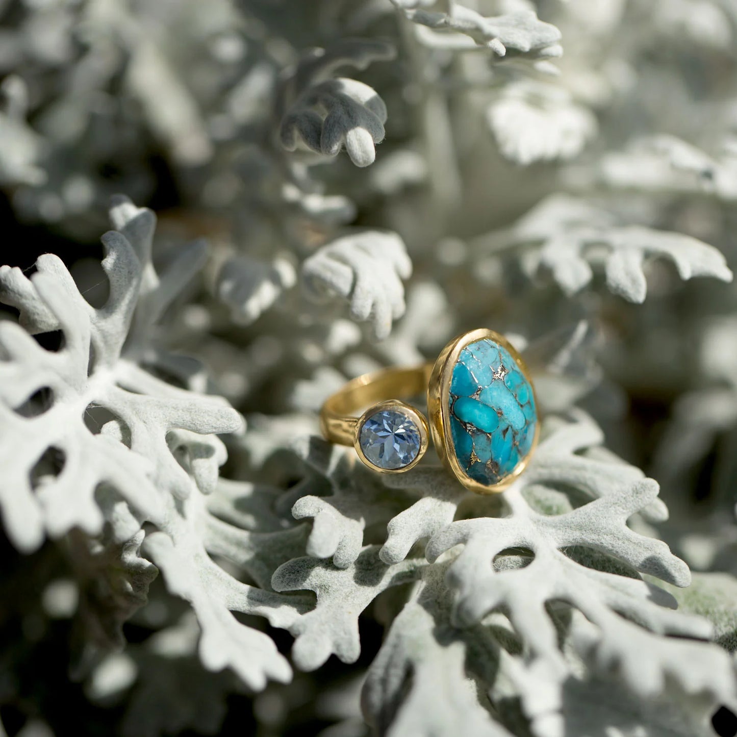 14 Karat Gold Plated Sterling Silver Ring with Blue Topaz, Turquoise, Copper Stone, Sizes 5-9