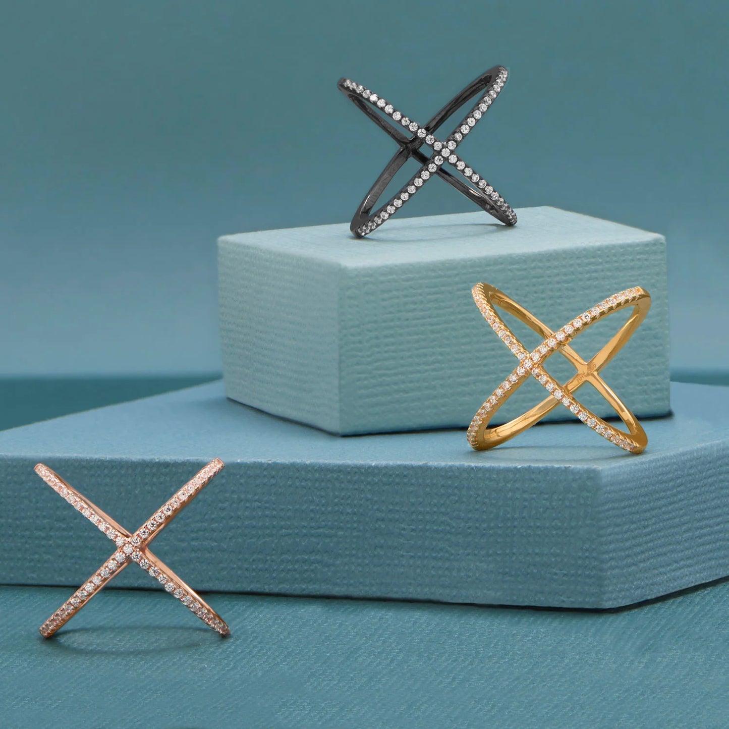 Sterling Silver X Ring, 18K Gold Plated, Criss Cross Design with Signity CZ Stones, 20mm