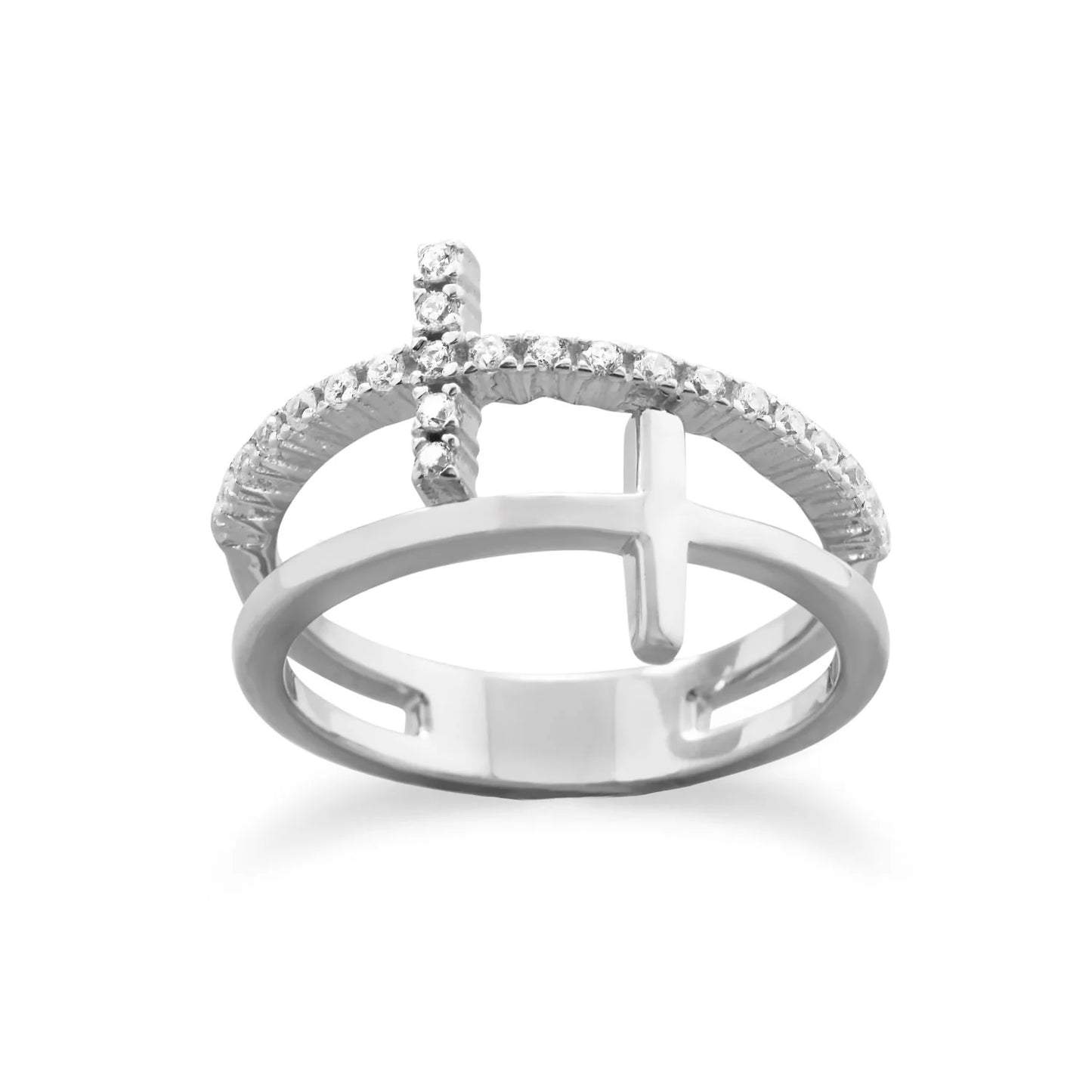 Sterling Silver Double Cross Ring with CZ, Rhodium Plated, 13.5mm Front Design, Split Band, 4mm Back
