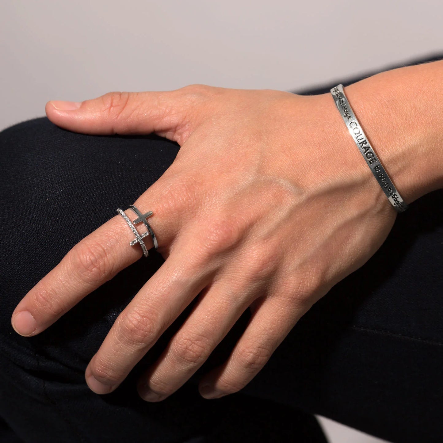 Sterling Silver Double Cross Ring with CZ, Rhodium Plated, 13.5mm Front Design, Split Band, 4mm Back
