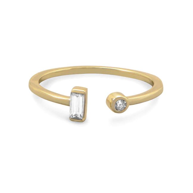 14 Karat Gold Plated Sterling Silver Open Design Ring with Round and Baguette CZ, Sizes 5-9
