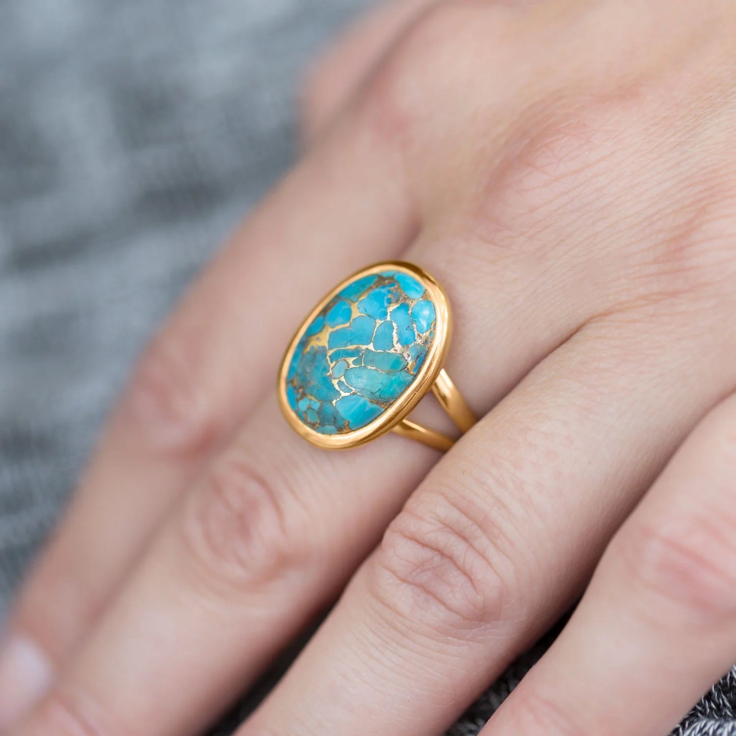 14 Karat Gold Plated Sterling Silver Turquoise Ring, Stabilized Copper Infused, 13x17.5mm Stone, 4mm Band, Sizes 6-10