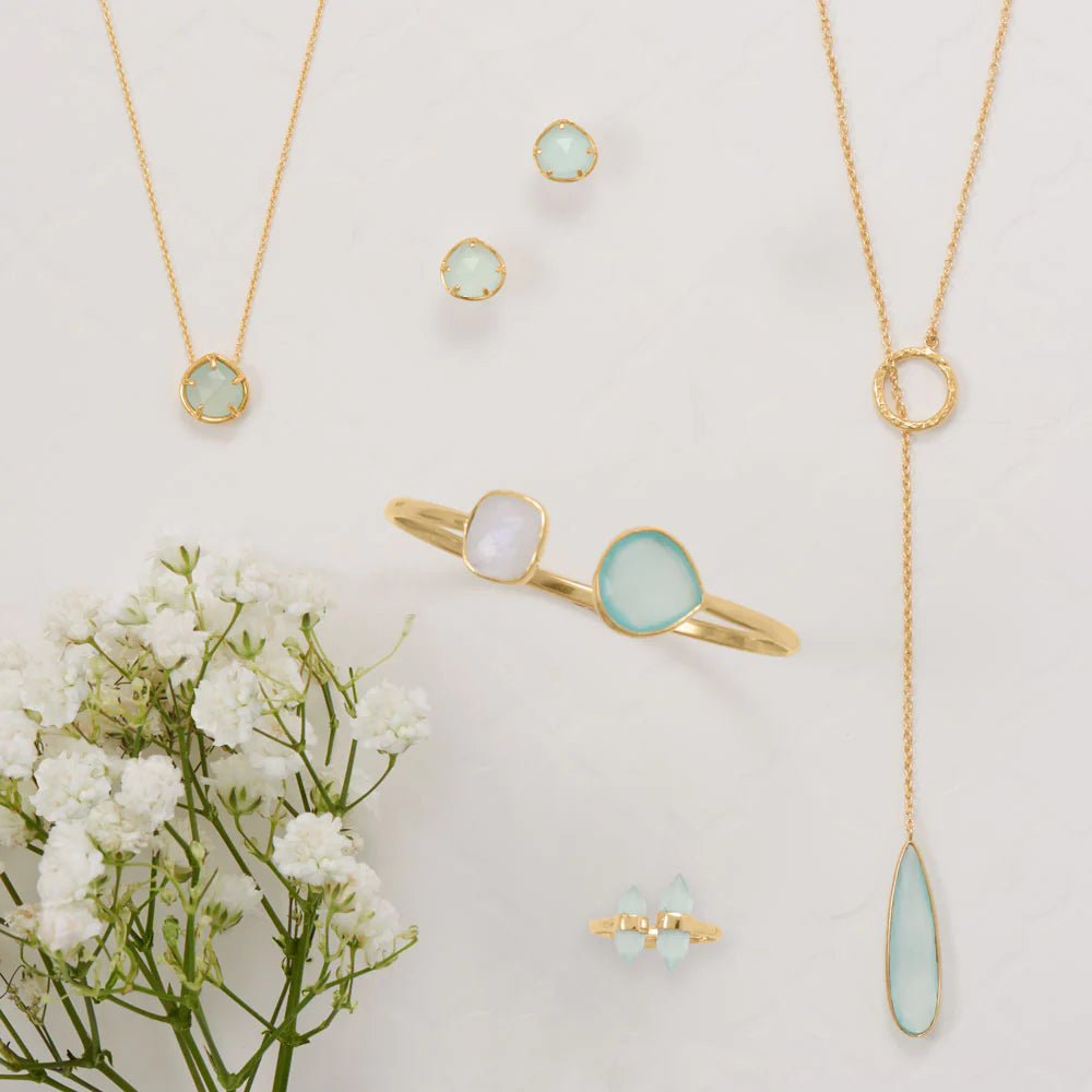 14 Karat Gold Plated Sterling Silver Necklace with Aqua Chalcedony Pendant, 16 Inch Chain with 2 Inch Extender