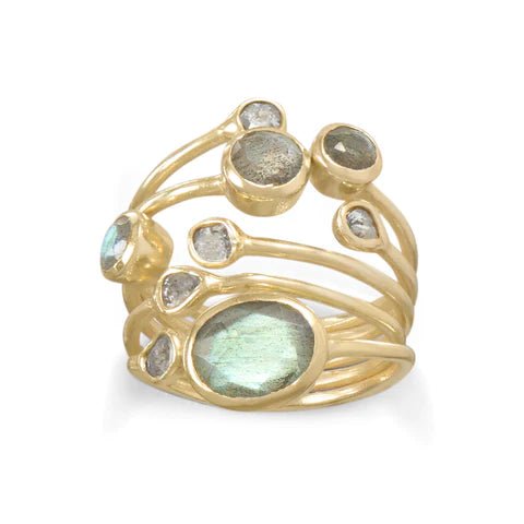 14 Karat Gold Plated Sterling Silver Multi-Row Ring with Labradorite, Polki Diamond Cluster, 0.25 CTW, Sizes 6-10