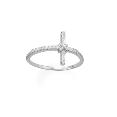Sterling Silver Rhodium Plated Sideways Cross Ring with CZ, 13.2mm x 17.4mm Cross, 1.3mm Band