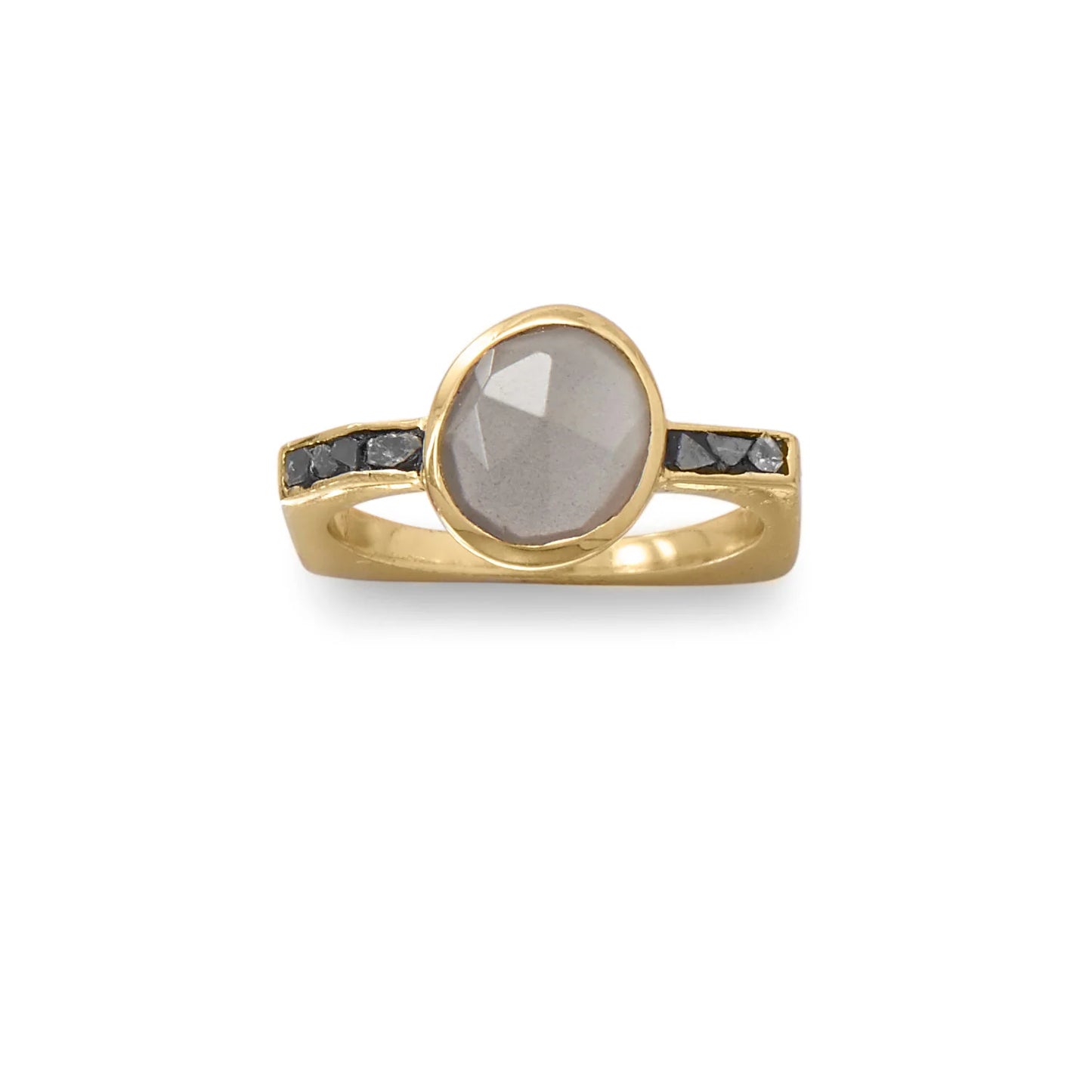 14K Gold Plated Sterling Silver Grey Moonstone Ring with Diamond Chips, Square Band, 8x9mm Stone, Sizes 5-9