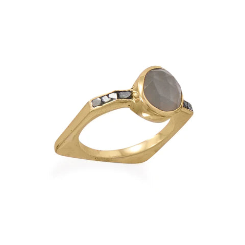 14K Gold Plated Sterling Silver Grey Moonstone Ring with Diamond Chips, Square Band, 8x9mm Stone, Sizes 5-9