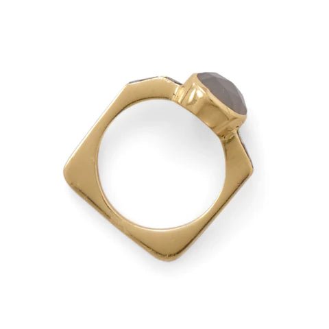 14K Gold Plated Sterling Silver Grey Moonstone Ring with Diamond Chips, Square Band, 8x9mm Stone, Sizes 5-9