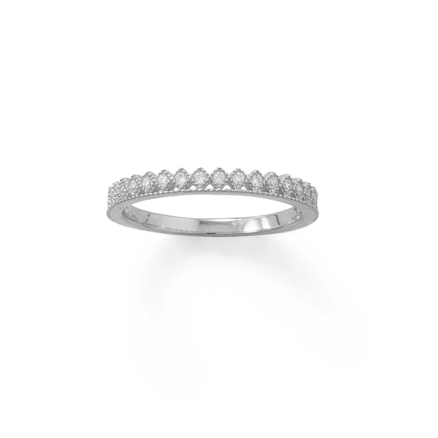 Sterling Silver Rhodium Plated CZ Crown Ring, Thin Band Design, Stackable, Size 5-9