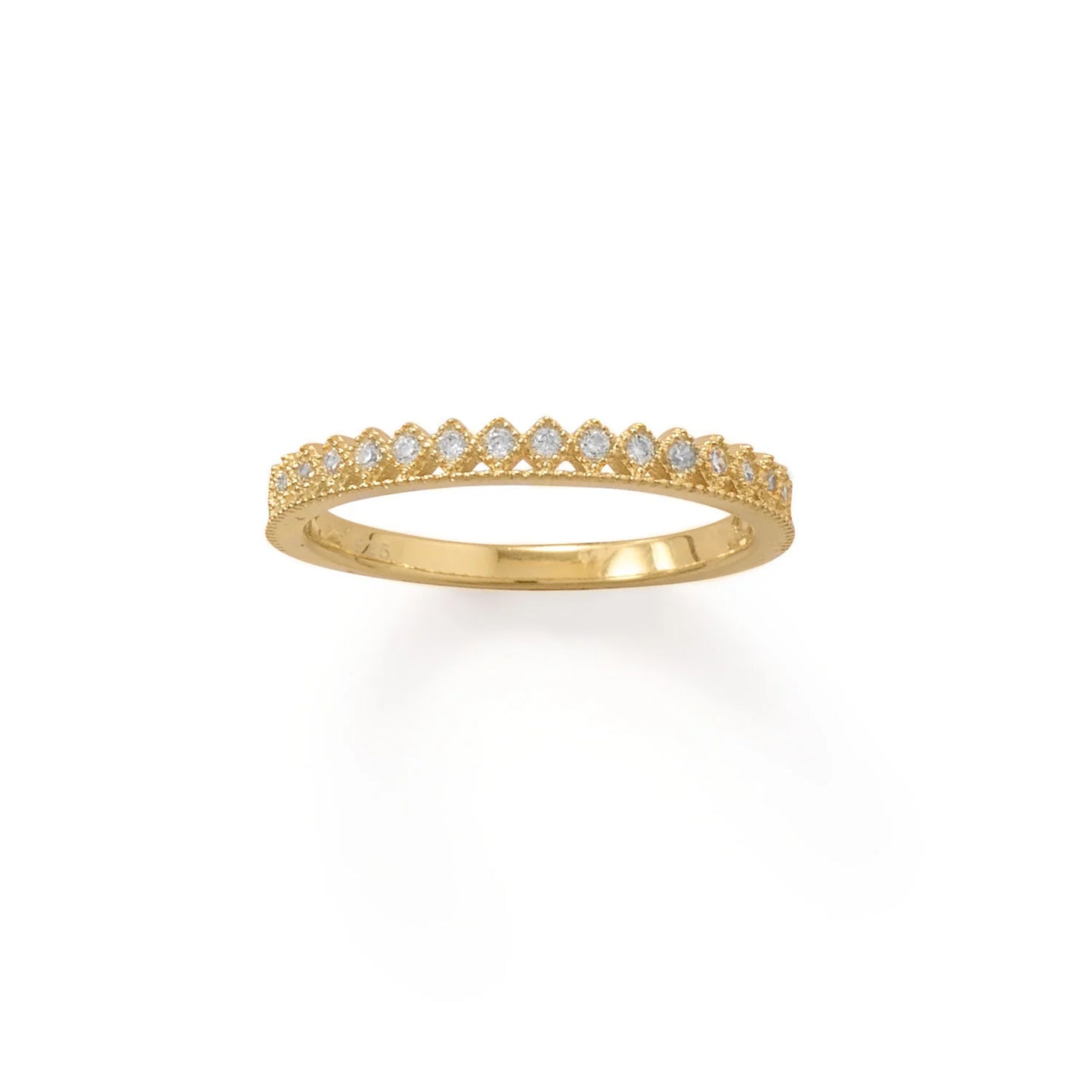 14K Gold Plated Sterling Silver Crown Ring with CZ Stones, Stackable Thin Band Design, 2.7mm Width, Size 5-9
