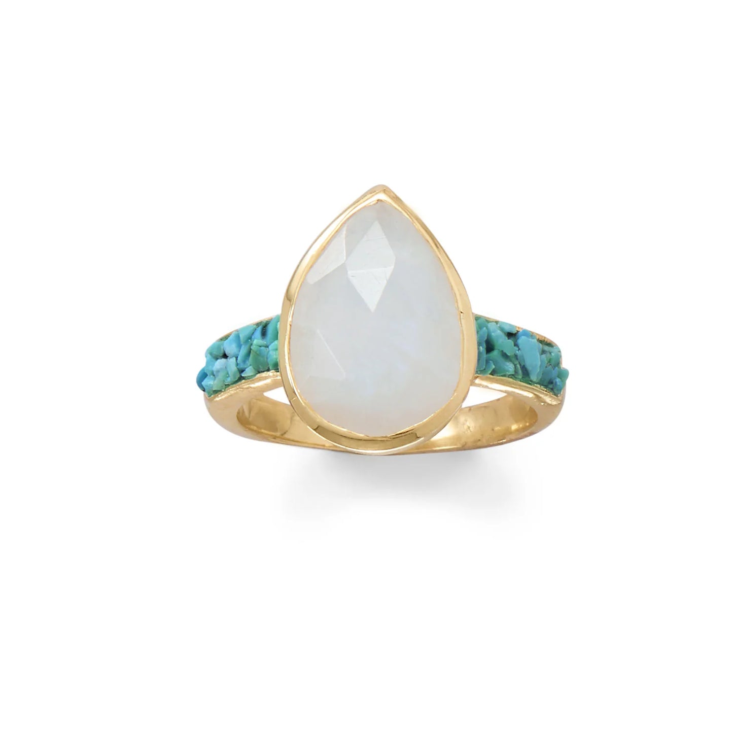 14 Karat Gold Plated Sterling Silver Ring with Rainbow Moonstone, Crushed Turquoise Inlay, Hammered Band, Pear Shape, 10x14mm Stone