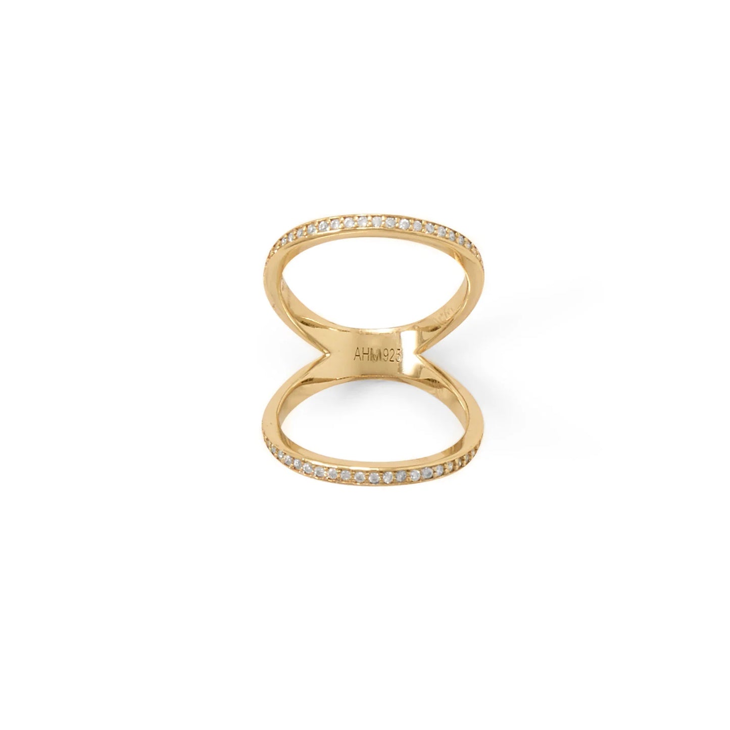 14 Karat Gold Plated Sterling Silver Double Band Knuckle Ring with CZ Stones, 2mm Width, Sizes 5-10