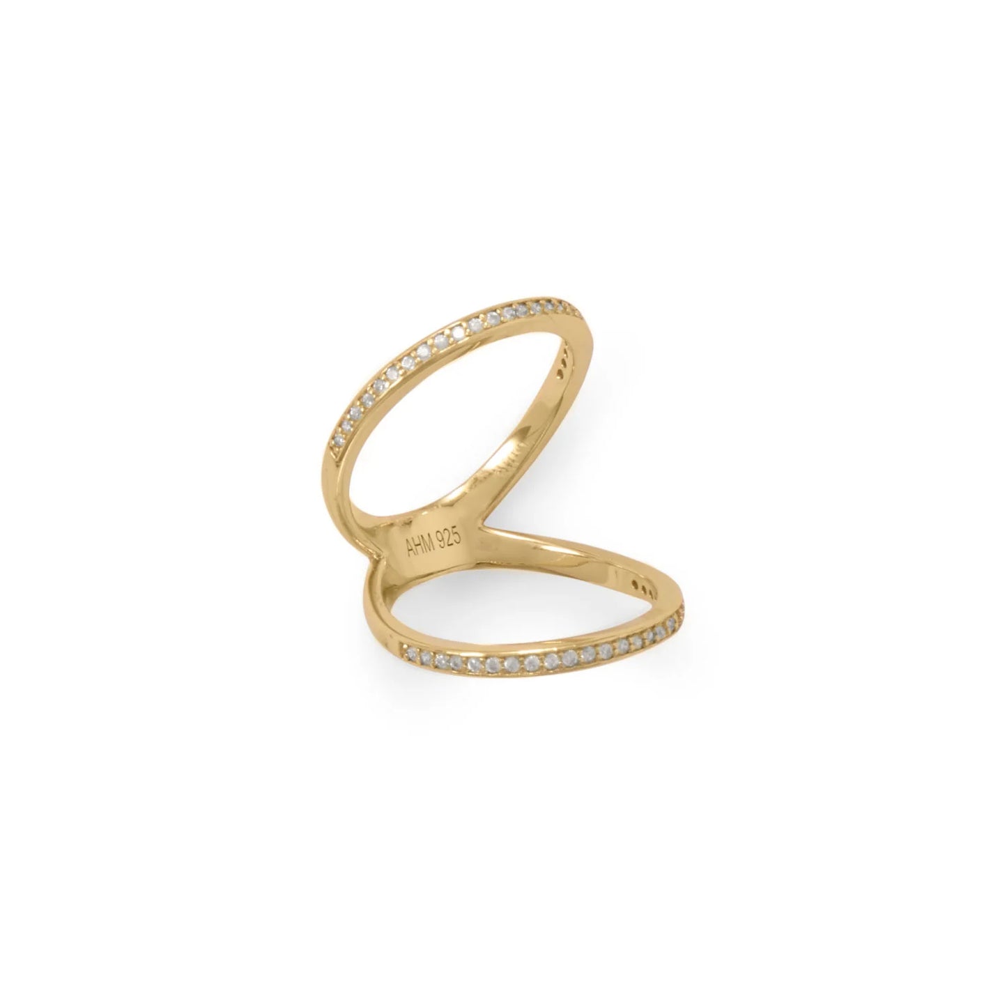 14 Karat Gold Plated Sterling Silver Double Band Knuckle Ring with CZ Stones, 2mm Width, Sizes 5-10