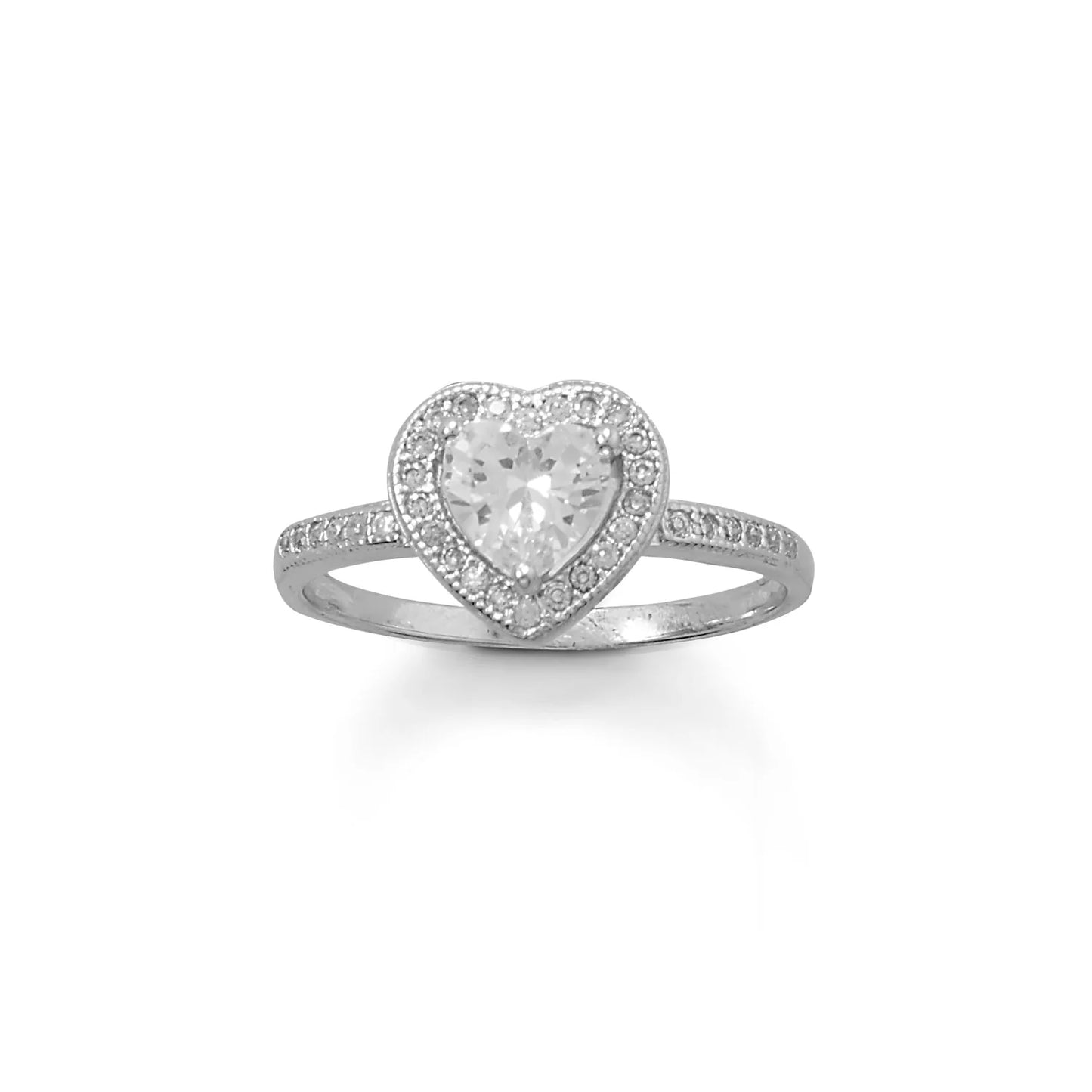 Sterling Silver Heart CZ Ring with Halo Design, Rhodium Plated, 6mm Solitaire, Thin Band, Size 5-9