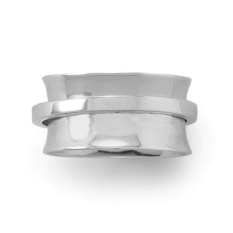 Sterling Silver Rhodium Plated Spinner Ring, Polished, 11mm Wide Band, Spinning Feature, Sizes 6-10