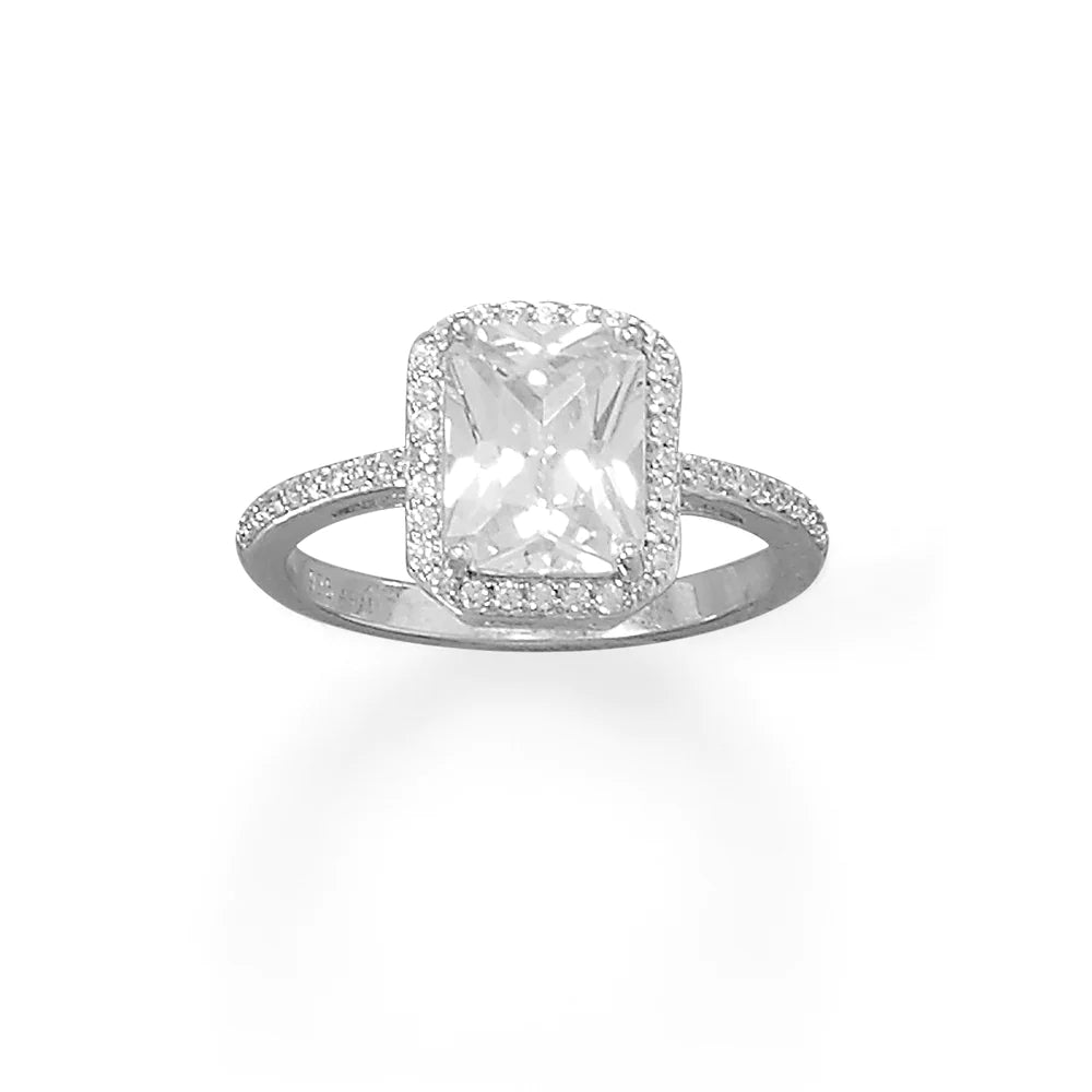 Sterling Silver Rhodium Plated Rectangle Solitaire Ring with CZ Halo Edge, 9x7mm Center Stone, Sizes 5-11