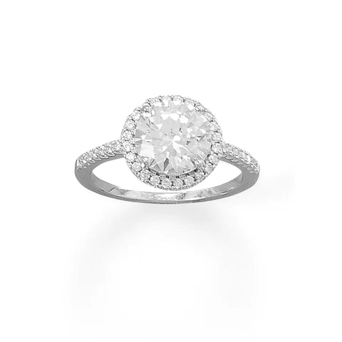 Sterling Silver Round CZ Solitaire Ring with Halo Edge, Rhodium Plated, 9mm Center Stone, Sizes 5-10