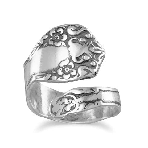 Generic Sterling Silver Oxidized Floral Spoon Ring, Adjustable Statement Band, .925 Silver