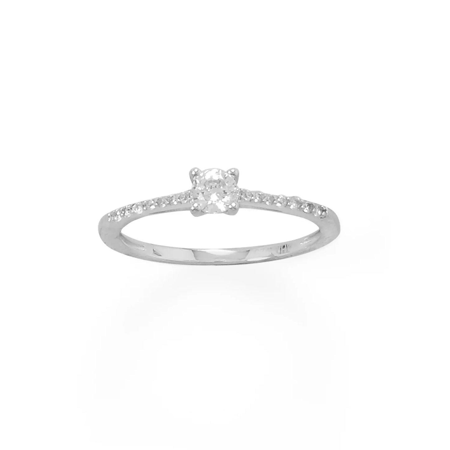CZ Solitaire Ring - Sterling Silver Rhodium Plated Classic Design