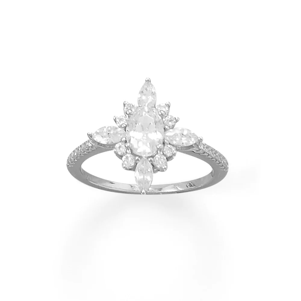 Multi CZ Ring - Sterling Silver Rhodium Plated Diamond Shape Design