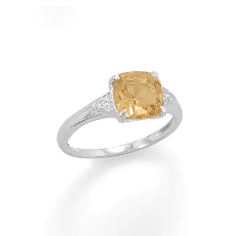 Citrine and CZ Ring - Sterling Silver Cushion Cut with Sparkle Accents
