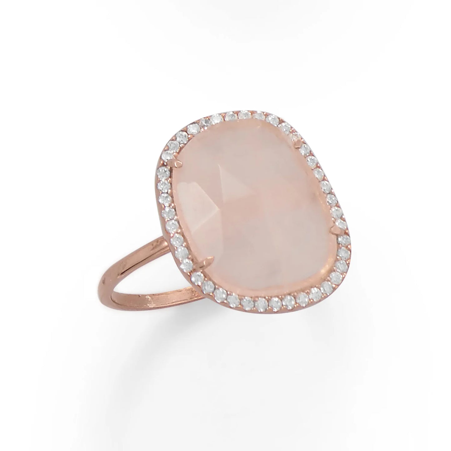 14K Rose Gold Plated Sterling Silver Ring with Rose Quartz and CZ Halo, 12x14mm Stone, 1.5mm Band, Sizes 6-9