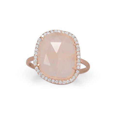 14K Rose Gold Plated Sterling Silver Ring with Rose Quartz and CZ Halo, 12x14mm Stone, 1.5mm Band, Sizes 6-9