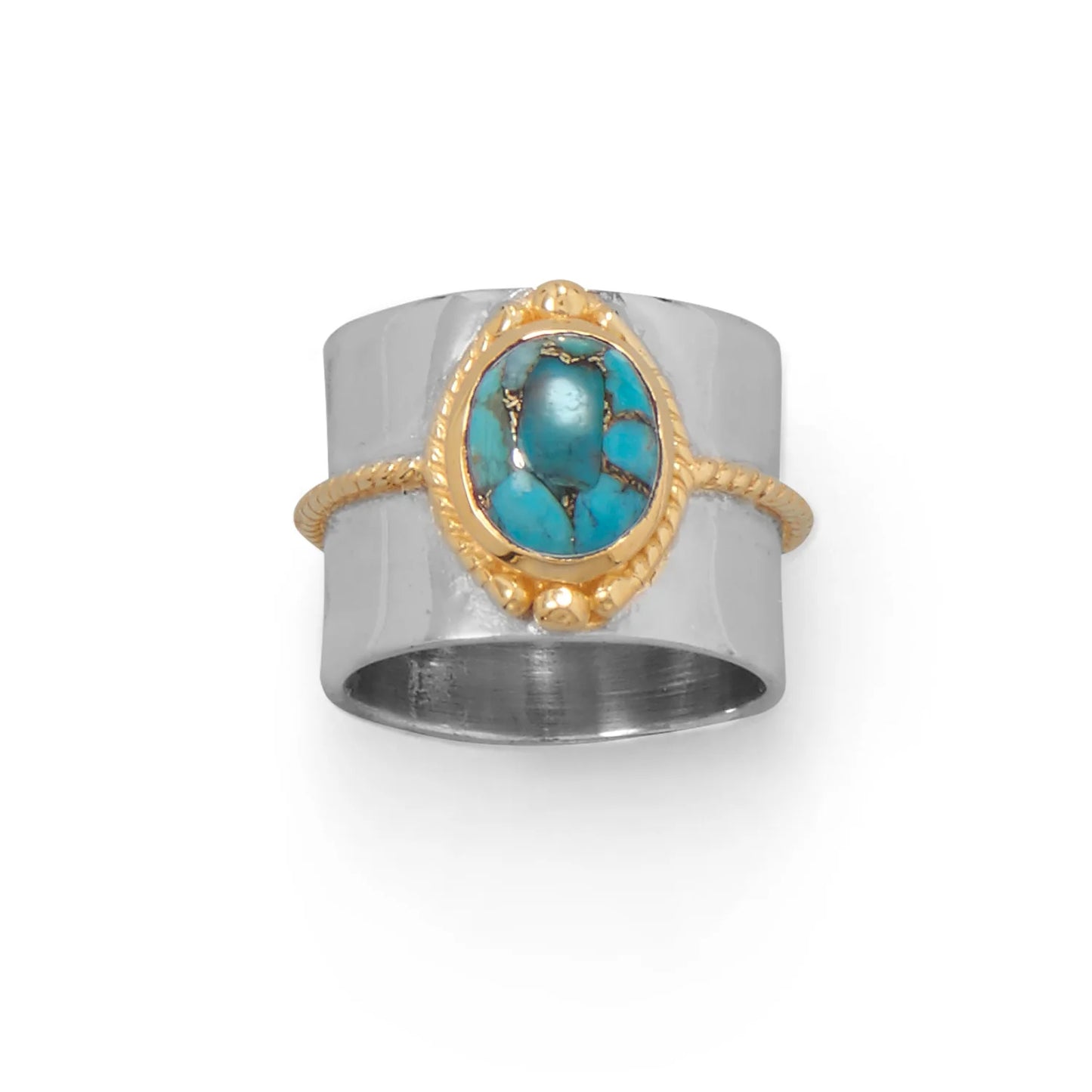 Sterling Silver Two Tone Ring with Turquoise Stone, 14k Gold Plated Rope Edge Design, 15.5mm Band Width, 8x10mm Stone