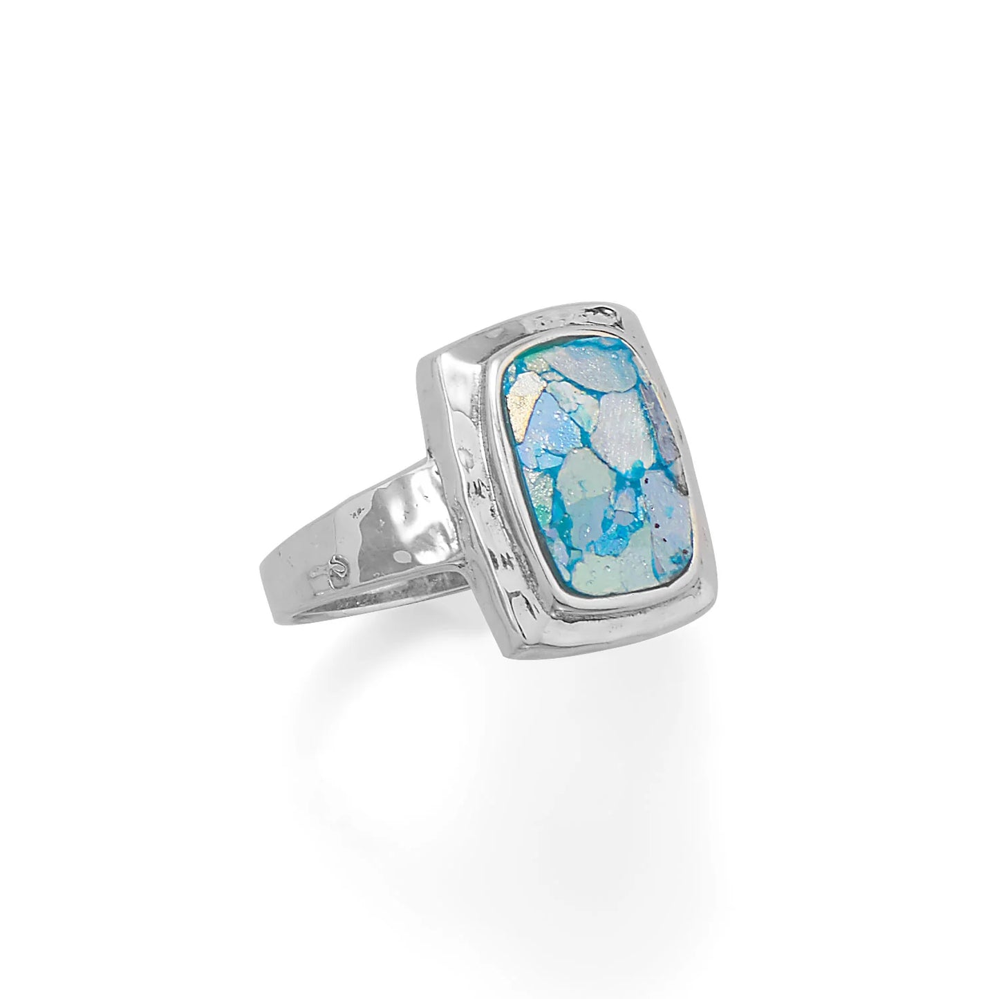 Sterling Silver Hammered Roman Glass Ring, Ancient Glass Inlay, 8x10mm, Sizes 6-9