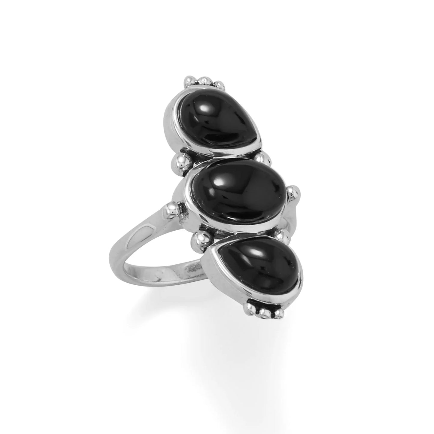 Sterling Silver Black Onyx Ring, Multi-Shape Design, 10mm x 7mm Oval Center Stone, 2mm Band, Sizes 6-9
